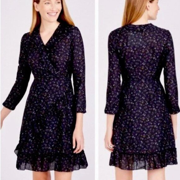 J. McLaughlin Sonny Black Wildflower Print Faux Wrap Silk Womens Dress size 2 - Picture 1 of 9